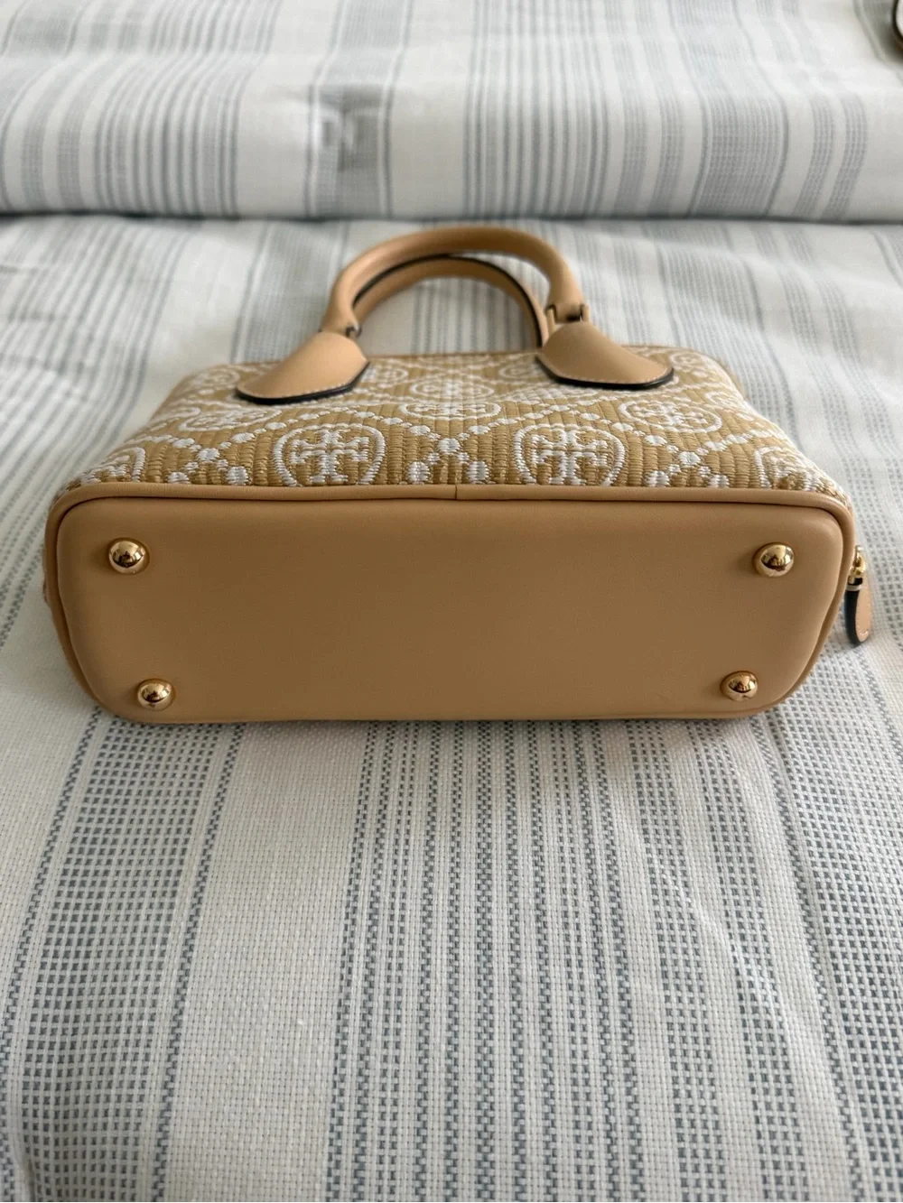 Tory Burch Cream and Light Blue Quilted Logo Satchel
